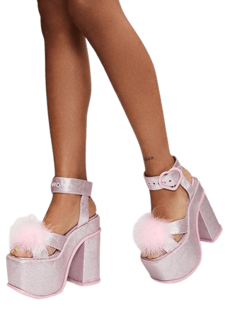 Sugar Thrillz Glitter Platform Sandals With Marabou - Pink | Dolls Kill