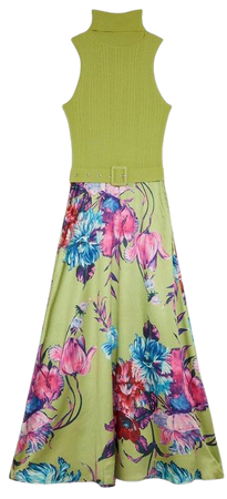 Floral Printed Satin Skirt Half Sleeve Rib Knit Midi Dress | Karen Millen
