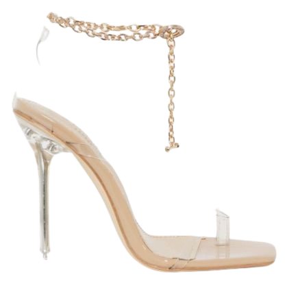 NUDE PATENT CLEAR CHAIN THONG STILETTO HEELS
