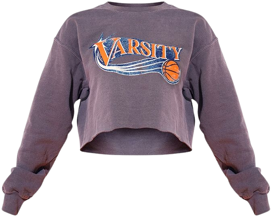 Charcoal Varsity Print Crop Washed Sweatshirt | PrettyLittleThing USA