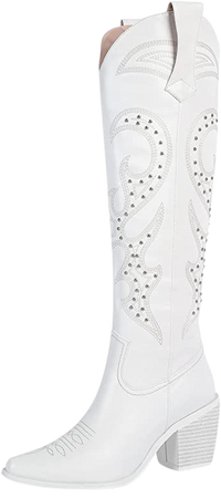 Amazon.com: WETKISS Embroidered Cowboy Boots for Women White Cowgirl Boots Mid Chunky Heel Knee High Western Boots Womens Studs Cowgirl Boots Slip on Tall Western Boots : Clothing, Shoes & Jewelry