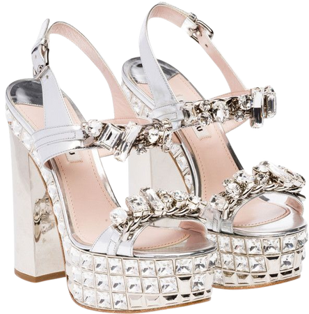 miu miu silver leather crystal embellished platform sandals