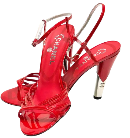 Chanel Red Patent Leather Straps Sandals Silver Metal "CC" Heels (Unworn) For Sale at 1stDibs