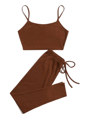 Rib-knit Crop Cami Top & Leggings Set | SHEIN USA brown