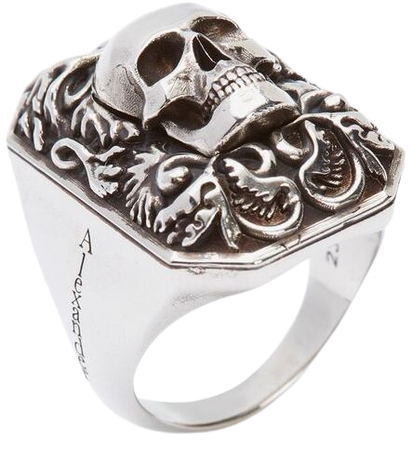 Alexander Mcqueen Men's Engraved Skull Ring in Antique Silver ($390)