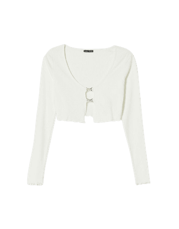 Ribbed long sleeve T-shirt with chain opening - Tees and tops - Woman | Bershka