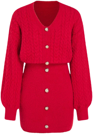Cable Knit V-neck Button Knitted Mini Dress - Cider