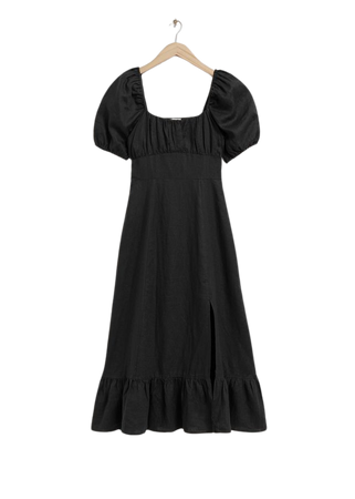 Puff Sleeve Linen Midi Dress - Black - Midi dresses - & Other Stories US