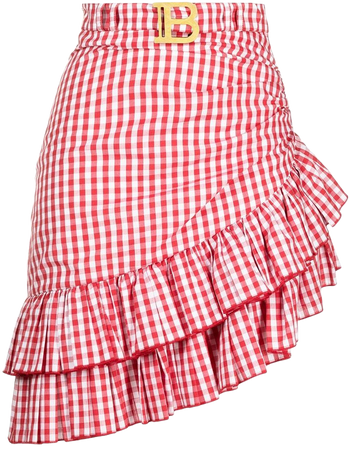 Balmain belted ruffled plaid skirt red & white VF14315C280 - Farfetch