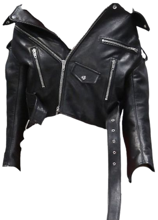*clipped by @luci-her* Black Leather Off The Shoulder Biker Jacket