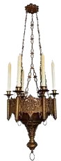 Gothic Revival Fine Bronze & Brass Church Chandelier / Six Candle Lamp / Pendant