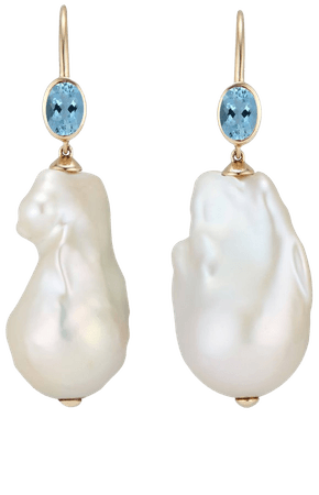 14k Yellow Gold Minerva Baroque Pearl And Aquamarine Earrings By Marlo Laz | Moda Operandi