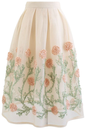 3D Flower Vine Airy Honeycomb Pleated Skirt in Cream - Retro, Indie and Unique Fashion