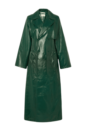 Green Double-breasted shirred glossed-leather trench coat | Bottega Veneta | NET-A-PORTER