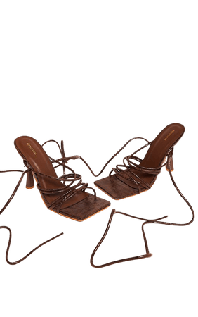 Chocolate Croc Strappy Twist High Heeled Sandals | PrettyLittleThing USA