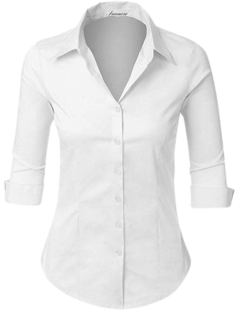 SUNNOW Women's Roll Up White Tailored 3/4 Sleeve Button Down Shirt with Stretch at Amazon Women’s Clothing store