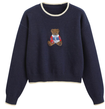 Round Neckline Graphic Bear Long Sleeve Sweater - Cider
