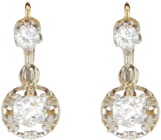 French 19th Century Diamonds 18 Karat Yellow Gold Platinum Dangle Earrings For Sale at 1stDibs