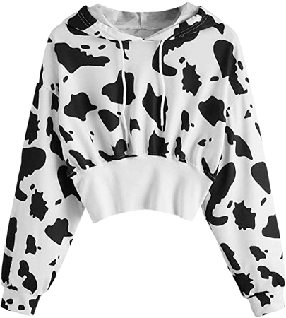Buy Romwe Women's Allover Cow Print Drawstring Casual Crop Hoodie Sweatshirt Tops Black and White Large at Amazon.in