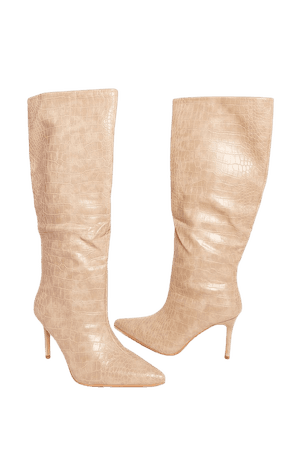 Cream Pu Croc Point Toe Stiletto Heeled Knee Boots | PrettyLittleThing CA