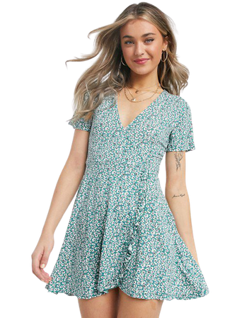 Pull&Bear frill edge wrap dress in green floral | ASOS