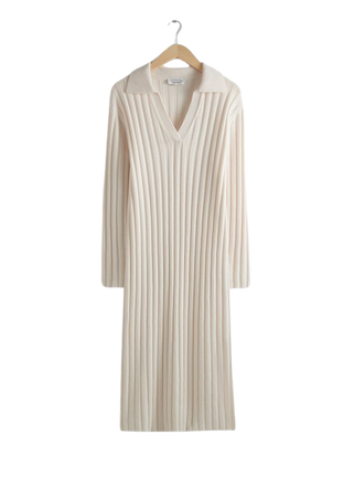 Collared Rib-Knit Midi Dress - White - Midi dresses - & Other Stories US