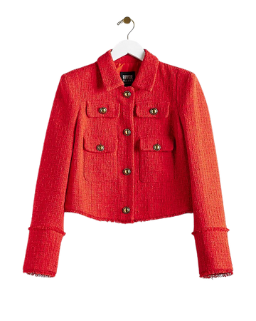 Red Boucle Trophy Blazer | River Island