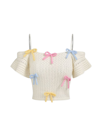 Knitted Off-shoulder Colorful Bowknot Crop Short Sleeve Top - Cider