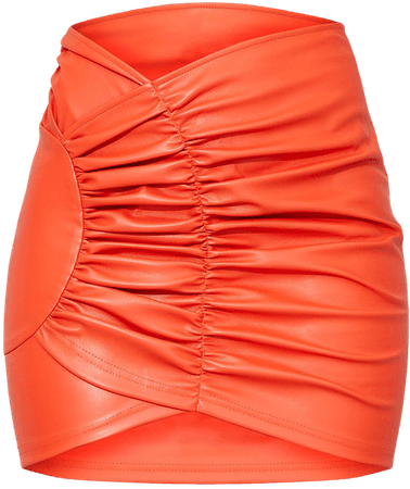 Orange Faux Leather Ruched Dip Front Mini Skirt | PrettyLittleThing USA