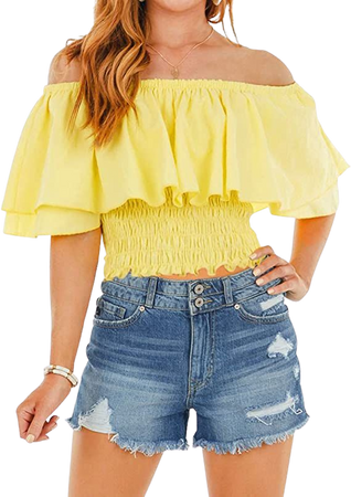 Hibluco Womens Off Shoulder Tops Ruffled Smocked Crop Tops Summer Blouse Shirts at Amazon Women’s Clothing store