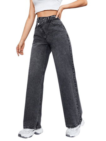 Asymmetrical Waist Wide Leg Jeans | SHEIN USA