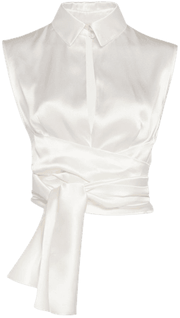 Tie-Detailed Silk Satin White Top