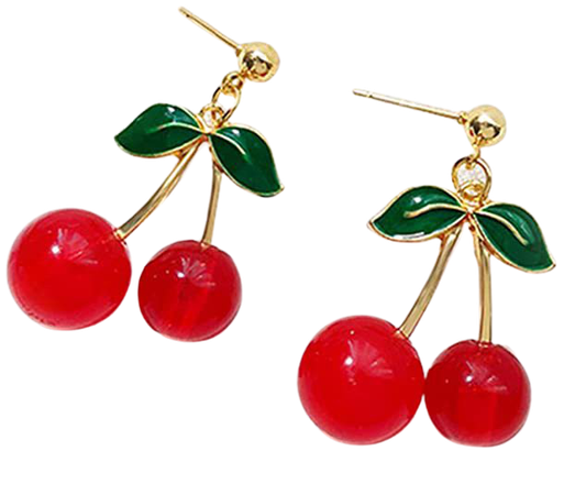 Amazon.com: 18K Gold Plated Fruit Earring 3D Green Leaf Red Cherry Charm Tassel Drop Stud Earrings: Jewelry