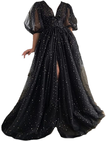 Xijun Long V Neck Puffy Sleeve Prom Dresses with Slit Black Sparkle Starry Tulle A Line Plus Size Formal Evening Dresses Corset Patry Gowns US24W at Amazon Women’s Clothing store