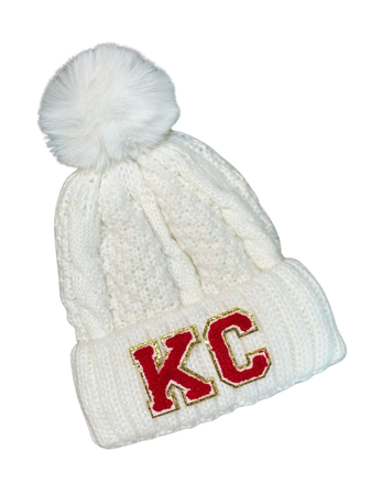 One of a Kind off Lined White Pom Beanie With Letters KC - Etsy