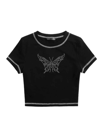 SHEIN Butterfly Rhinestone Stitch Detail Tee | SHEIN USA