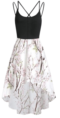 Dresslily Black White Pink High Low Floral Cross Back Cami Dress