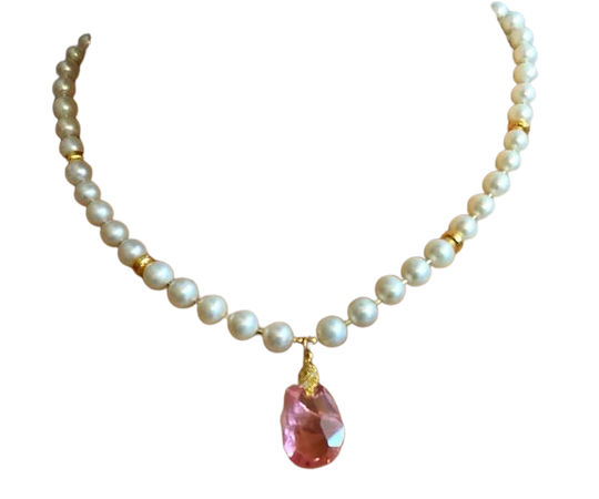 Pearl Necklace with Pink Stone