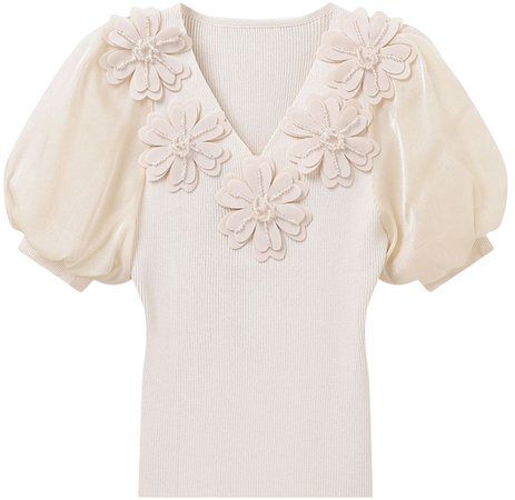 3D Flower Bubble Sleeve Knit Top in Cream - Retro, Indie and Unique Fashion