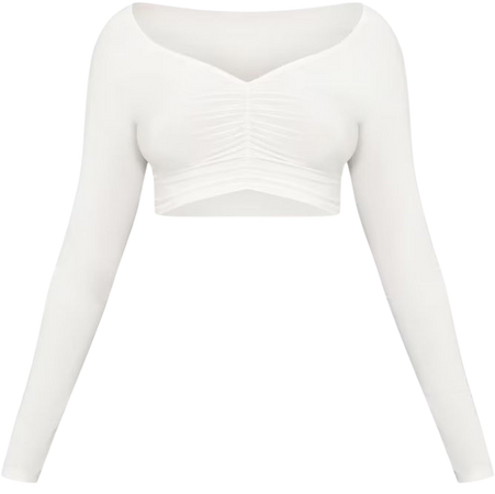 Cream Slinky Ruched Front Long Sleeve Crop Top | PrettyLittleThing USA