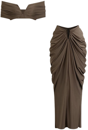 V-neck Ruched Top And V-shape Cut Waist Maxi Skirt Set – Micas