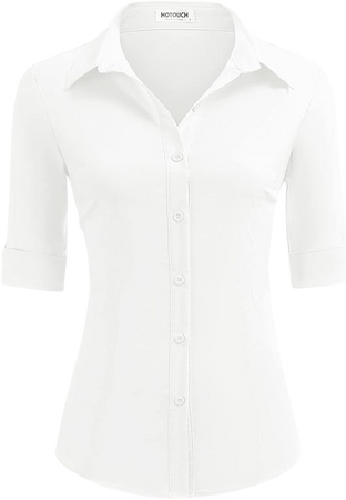 HOTOUCH White Button Down Shirt Women Stretch Button Up Shirts 3/4 Sleeve Dress Shirt for Waitress (White L) at Amazon Women’s Clothing store