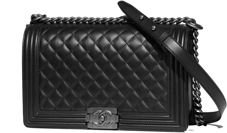 CHANEL Calfskin Ruthenium-Finish Metal Black Large BOY CHANEL Handbag