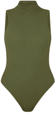 Recycled Khaki Rib High Neck Sleeveless Bodysuit | PrettyLittleThing USA