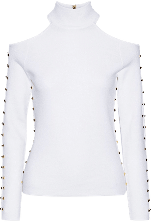 Off-white Kahlo cold-shoulder studded stretch-wool turtleneck top | Sale up to 70% off | THE OUTNET | ALICE + OLIVIA | THE OUTNET