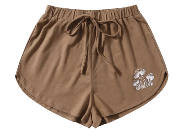 brown lounge shorts with white mushroom graphic