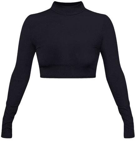 Black Rib Long Sleeve High Neck Crop Top | PrettyLittleThing USA
