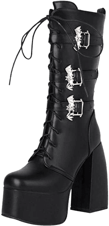 Amazon.com | Joojnnp Women's Chunky High Heel Platform Metal Decoration Mid Calf Boots (10.5, Black) | Shoes