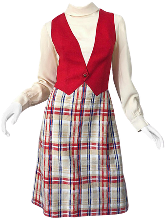 Chic 1960s Pat Sandler Trompe l'Oeil Red White and Blue Vintage 60s A Line Dress For Sale at 1stdibs