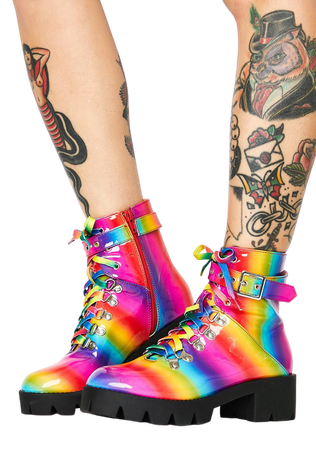 Rainbow Platform Combat Boots Lace Up Ankle Buckle Strap Glossy Multicolor | Dolls Kill